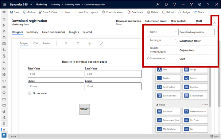 Form settings in the header.