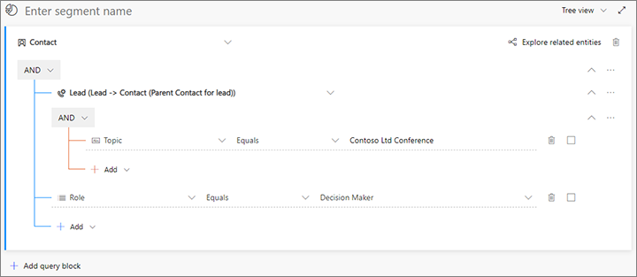 An example query that finds decision makers associated with particular leads.