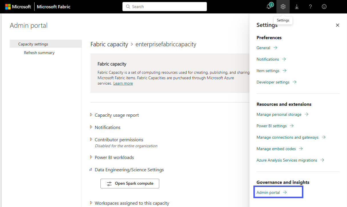 Screenshot showing where to select Admin Portal settings.