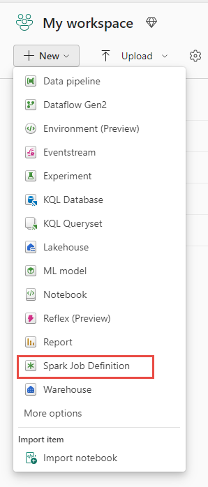 Screenshot showing where to select Spark job definition in the New menu.