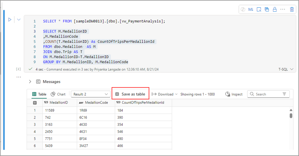 Screenshot showing how to save the query as  a table.