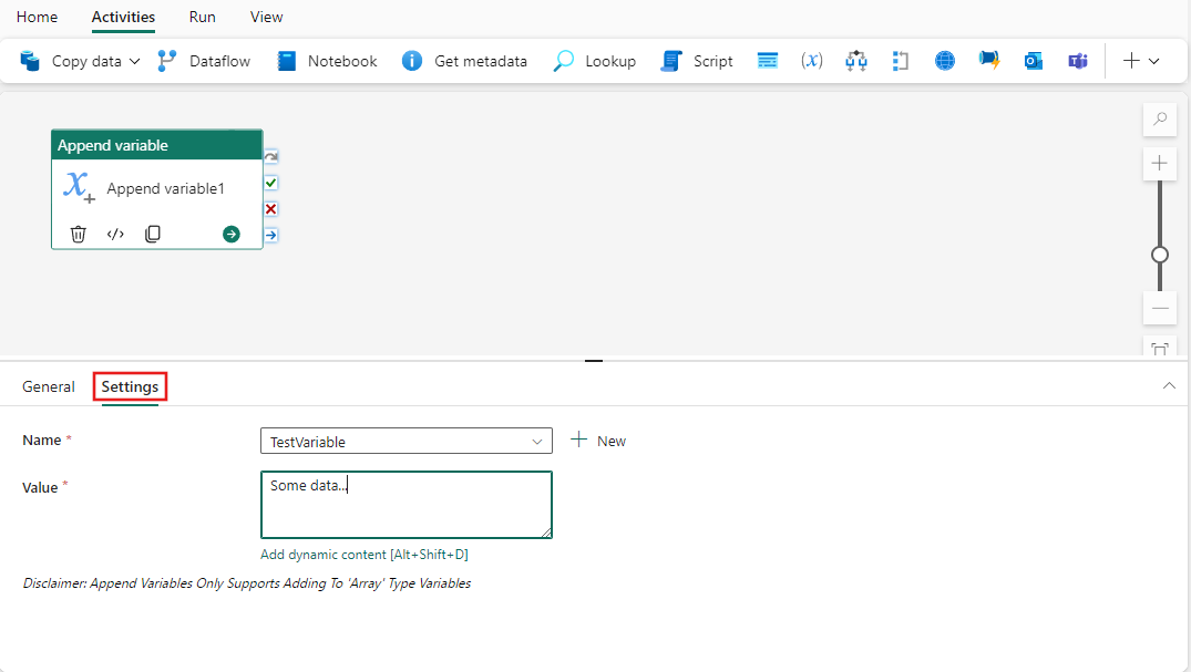 Screenshot showing the &quot;Append Variable&quot; activity settings tab, highlighting the tab.