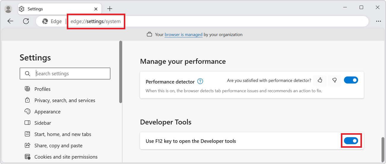 The Edge Settings page, with the Developer Tools section, and the toggle to disable the F12 key