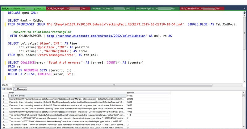 Query to group XML errors in Management Studio