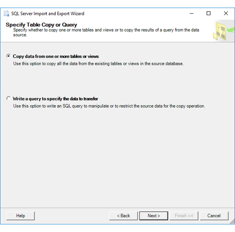 Table copy or query page of the Import and Export Wizard