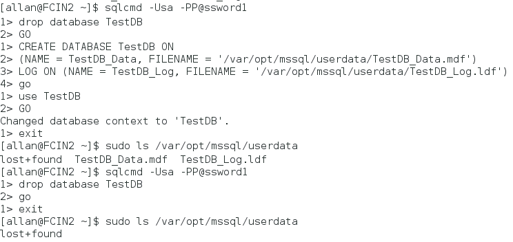 Screenshot of the sqlcmd command and the response to the command.