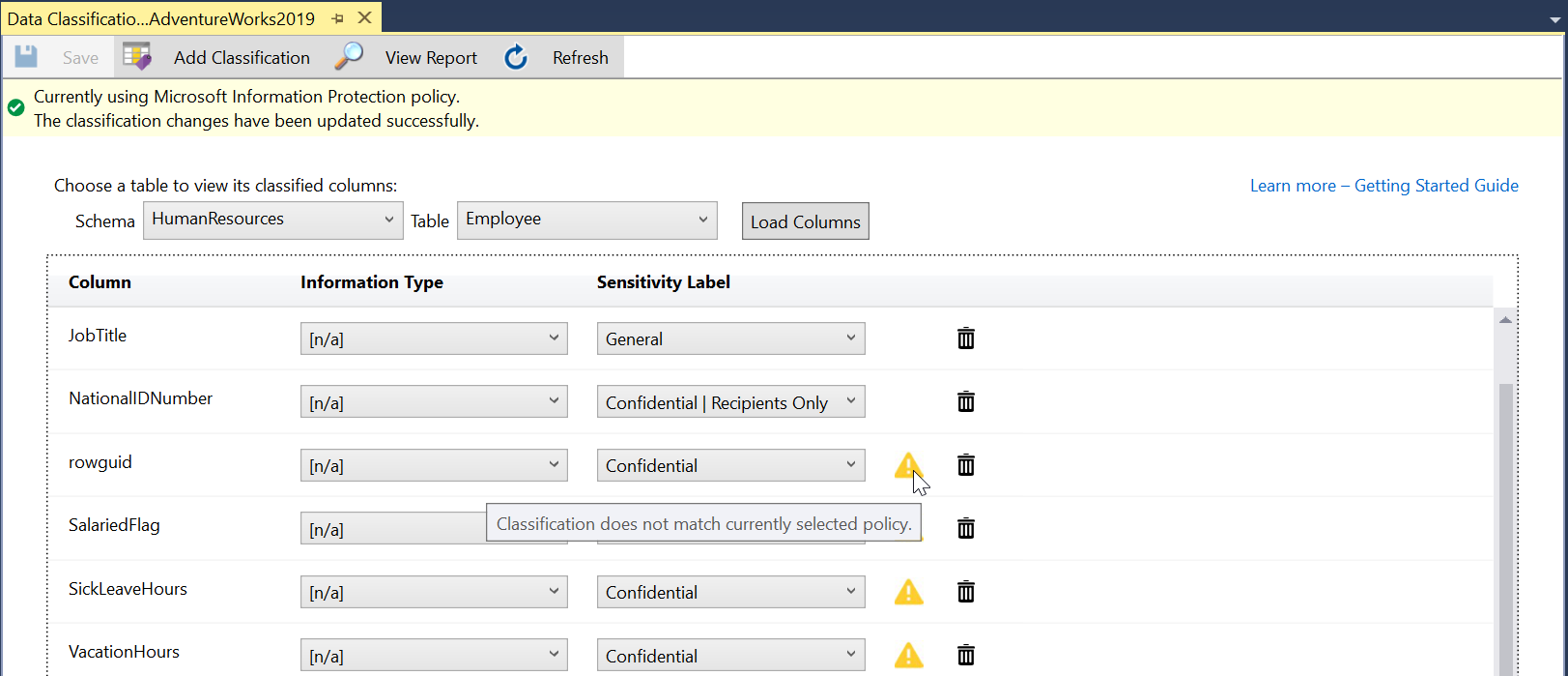 Screenshot of Data Classification warning of mismatched policies