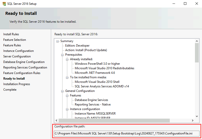 Screenshot of the Ready to Install page. Under Configuration file path, a path to a configuration file is highlighted.