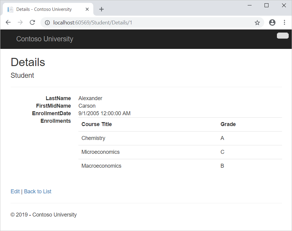 Snímek obrazovky se stránkou podrobností o studentech