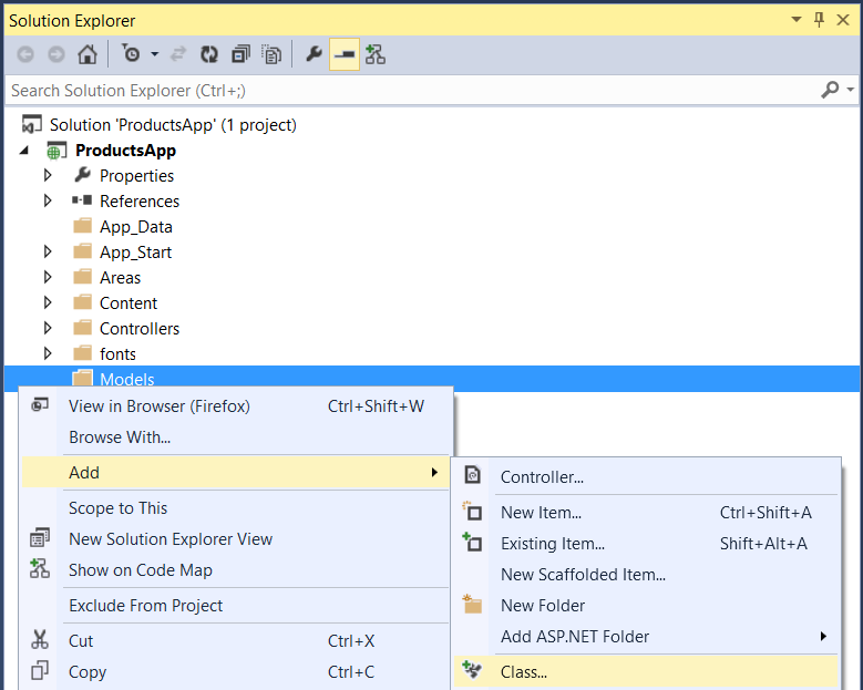 Snímek obrazovky se složkou Průzkumník řešení zobrazující složku Modely zvýrazněnou modře a položky nabídky Přidat a Třída zvýrazněné žlutě