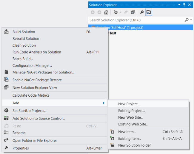 Snímek obrazovky s Průzkumník řešení zobrazující položky nabídky Zobrazené po kliknutí pravým tlačítkem myši– Přidat a Nový projekt, které jsou zvýrazněné bíle
