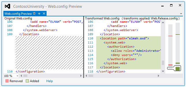 Snímek obrazovky zobrazující náhled Web.config s původním souborem Web.config vlevo a na pravé straně se zvýrazněnými změnami bude vypadat transformovaný soubor Web.config.