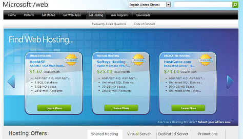 Snímek obrazovky se stránkou Microsoft Find Web Hosting se seznamem poskytovatelů hostingu, kteří podporují A S P dot Net