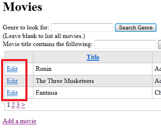 Zobrazení WebGridu s odkazem Upravit pro každý film