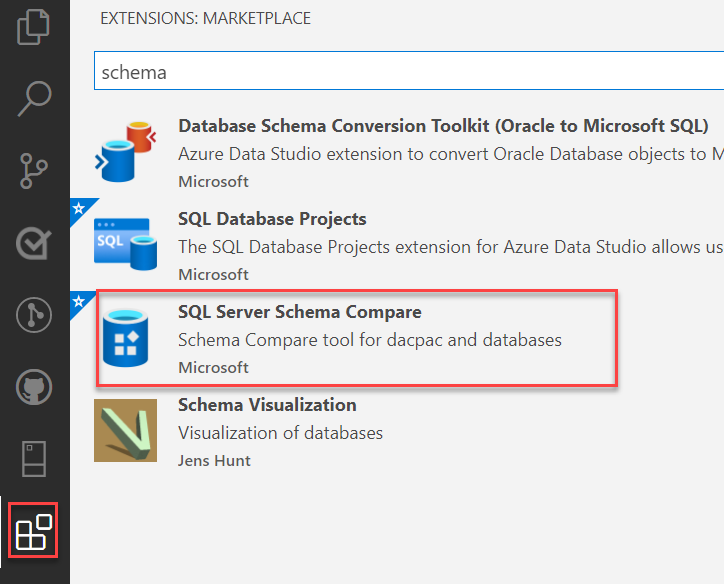 Snímek obrazovky s grafickým uživatelským rozhraním Azure Data Studio a hledáním na marketplace