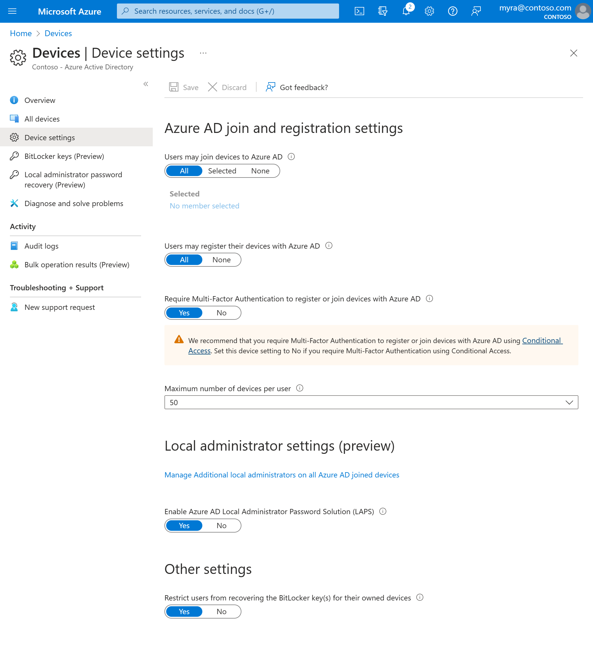 Screenshot that shows device settings related to Microsoft Entra ID.