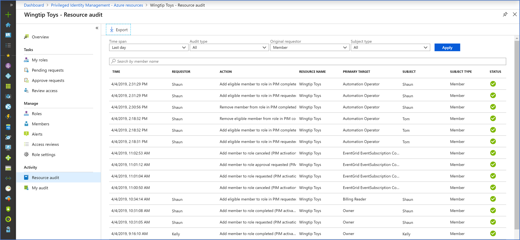 Microsoft Entra role audit list with filters