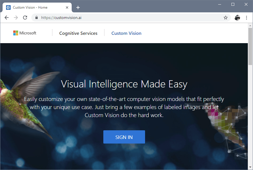 Web Custom Vision v okně prohlížeče Chrome