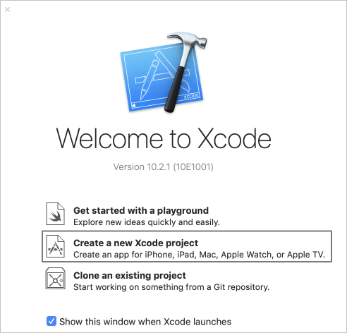 Snímek obrazovky Vytvořit nový projekt Xcode