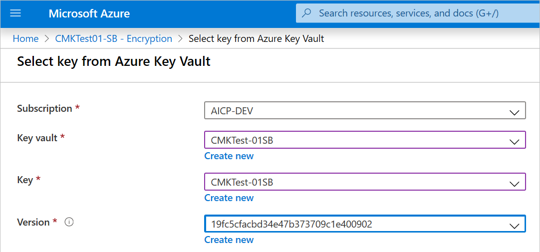 Snímek obrazovky se stránkou Vybrat klíč ze služby Azure Key Vault na webu Azure Portal Pole Předplatné, Trezor klíčů, Klíč a Verze obsahují hodnoty.