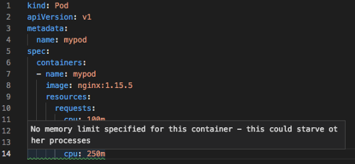 Rozšíření VS Code pro upozornění Kubernetes na chybějící limity paměti