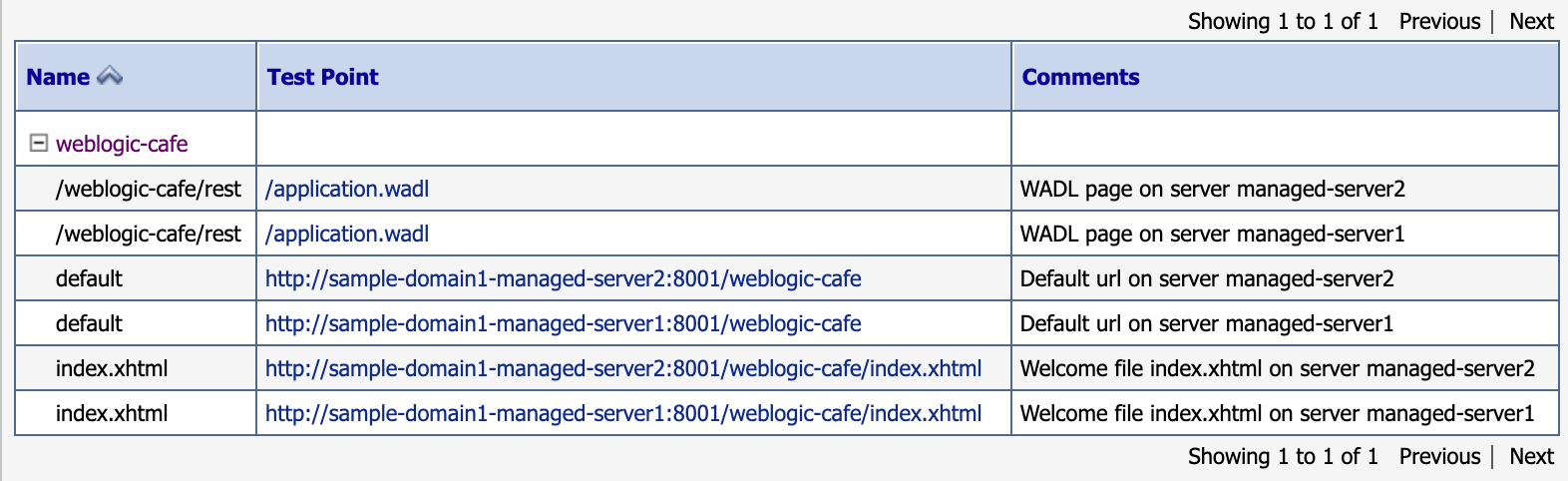 Snímek obrazovky s testovacími body weblogic-café