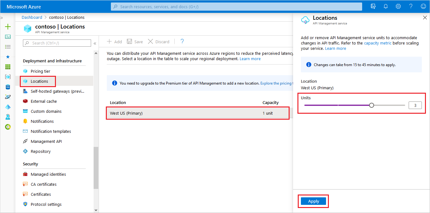 Škálování služby API Management na webu Azure Portal