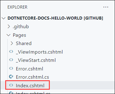 Snímek obrazovky s oknem Průzkumníka v editoru Visual Studio Code v prohlížeči a zvýrazněním souboru Index.cshtml v úložišti dotnetcore-docs-hello-world