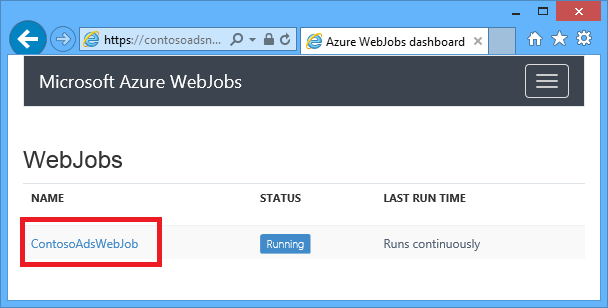 Klikněte na ContosoAdsWebJob.