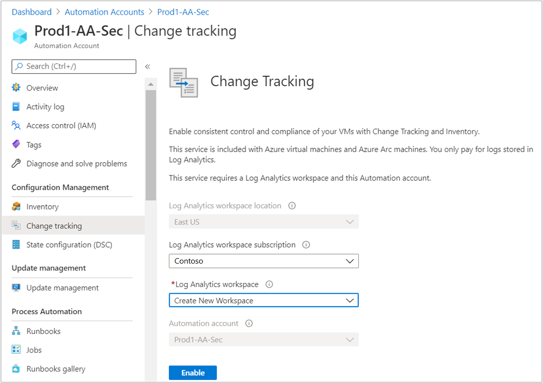 Povolení řešení Change Tracking a Inventory