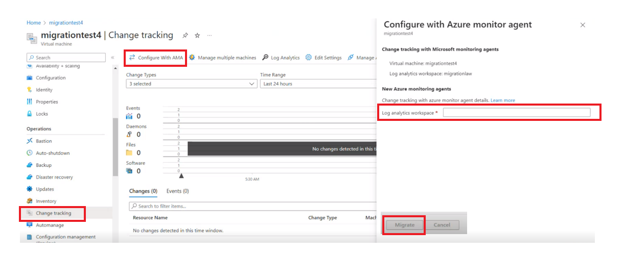 Snímek obrazovky s onboardingem jednoho virtuálního počítače do řešení Change Tracking a inventářem pomocí agenta monitorování Azure