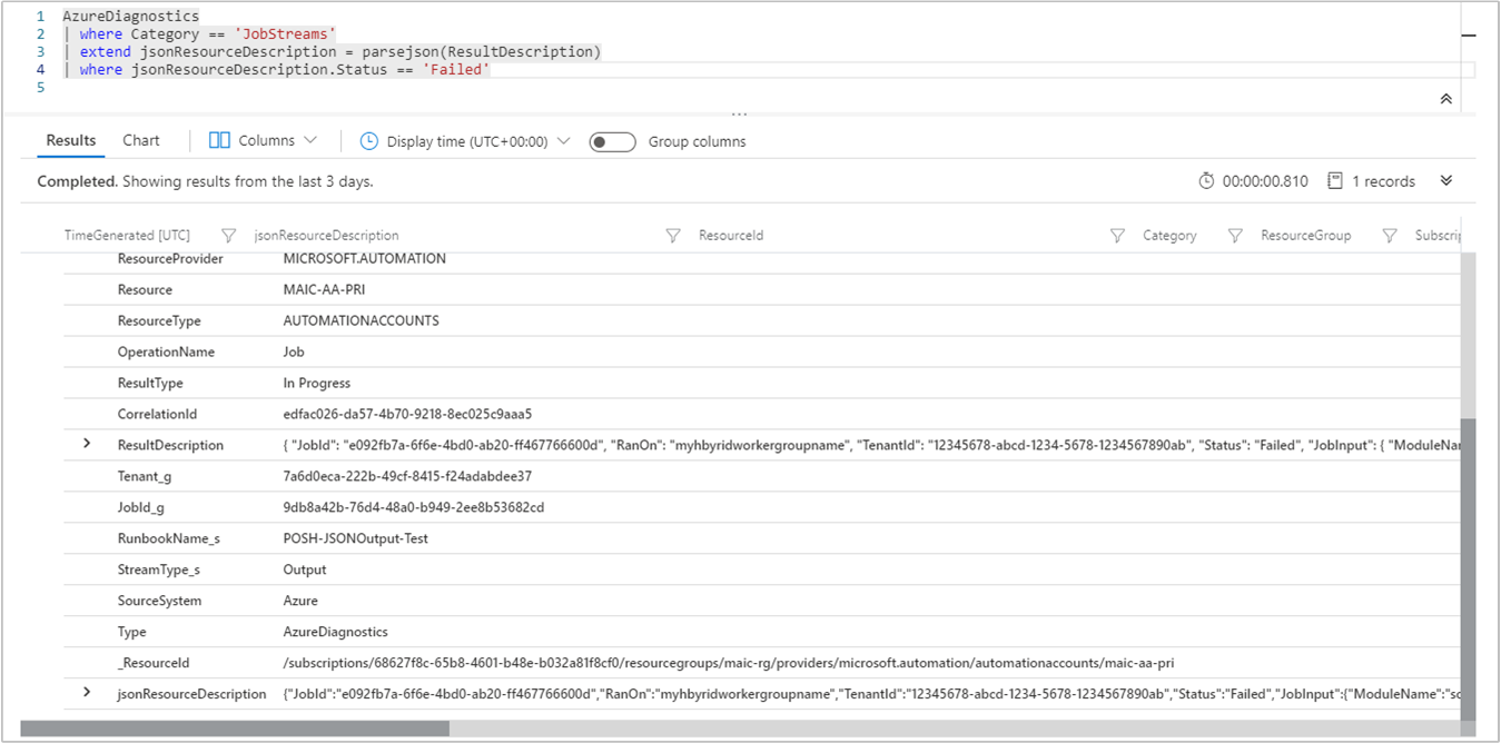 Formát JSON streamu historických úloh Log Analytics