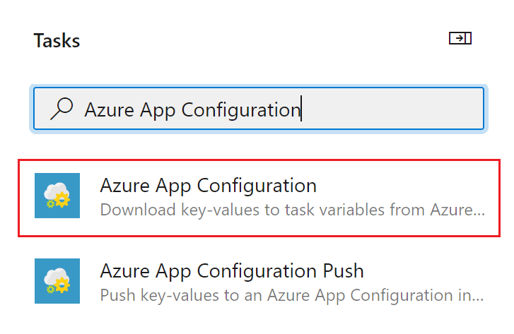 Snímek obrazovky s dialogovým oknem Přidat úlohu s Aplikace Azure Konfigurace ve vyhledávacím poli