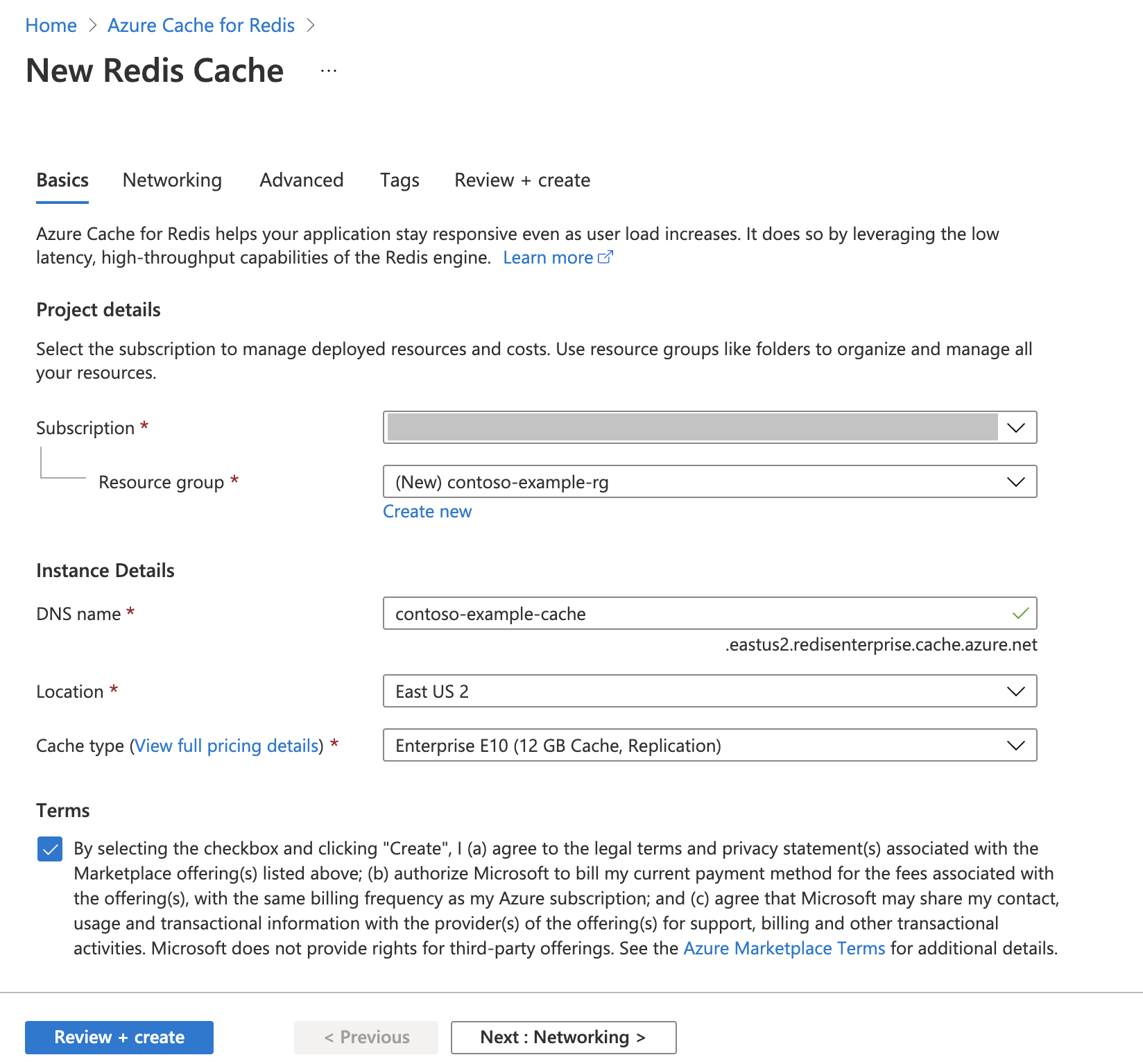 Snímek obrazovky znázorňující kartu Základy úrovně Enterprise v podokně New Redis Cache