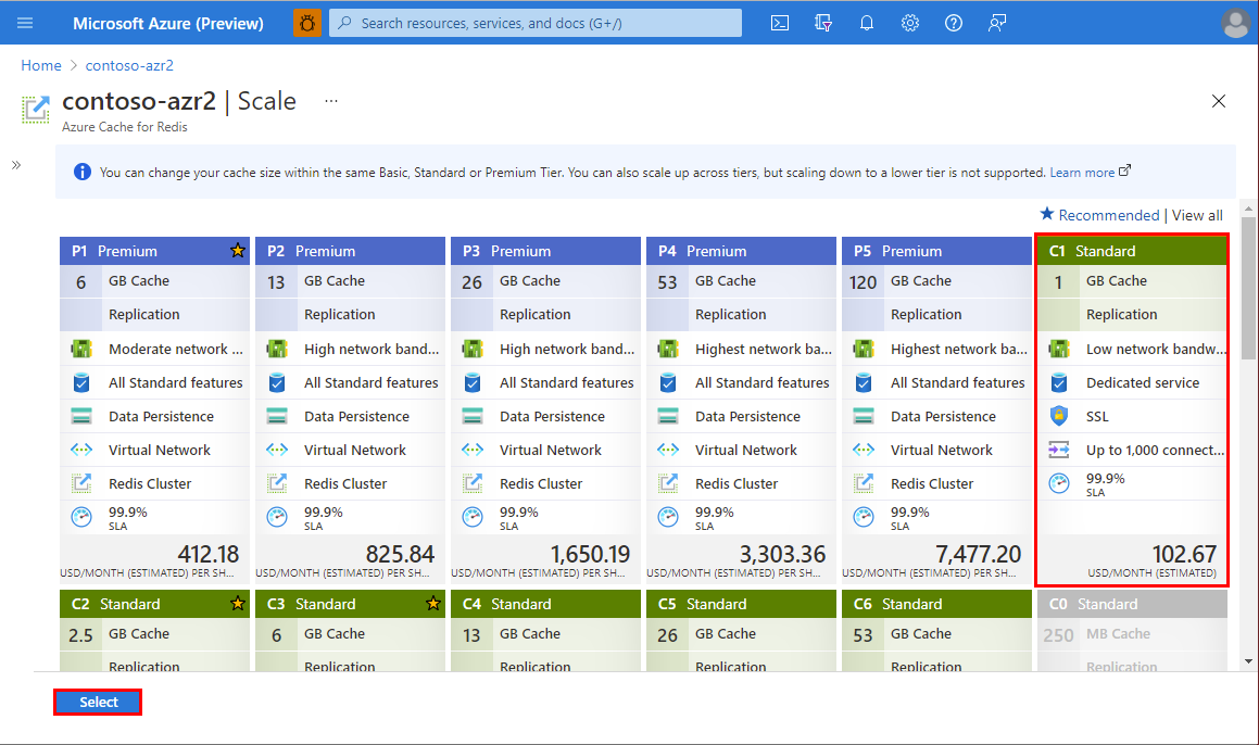 Snímek obrazovky znázorňující úrovně Azure Cache for Redis