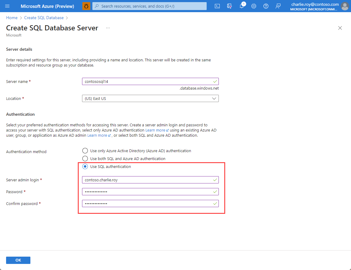 Snímek obrazovky s ověřovacími informacemi pro prostředek Azure SQL