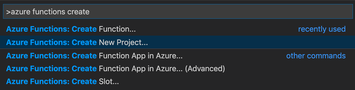 Snímek obrazovky znázorňující paletu příkazů editoru Visual Studio Code se zvýrazněným příkazem Azure Functions Create New Project (Vytvořit nový projekt)