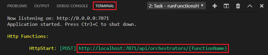 Snímek obrazovky s panelem terminálu editoru Visual Studio Code V terminálu se zobrazí výstup spuštění aplikace Durable Functions místně.