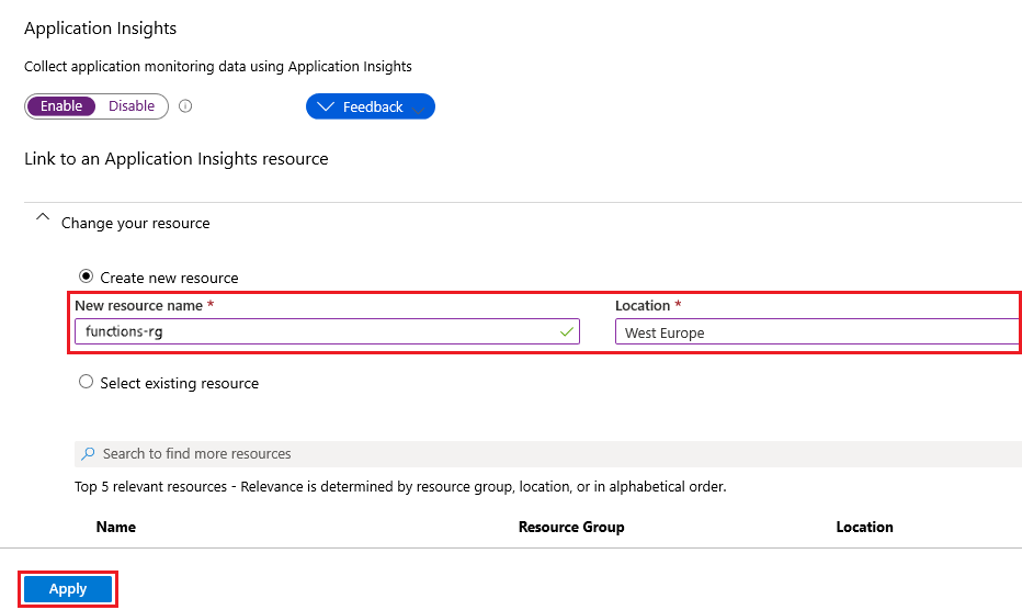 Snímek obrazovky, který ukazuje, jak vytvořit prostředek Application Insights