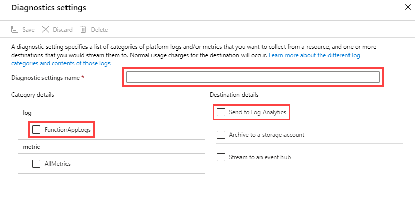 Snímek obrazovky s přidáním nastavení diagnostiky pro Azure Functions