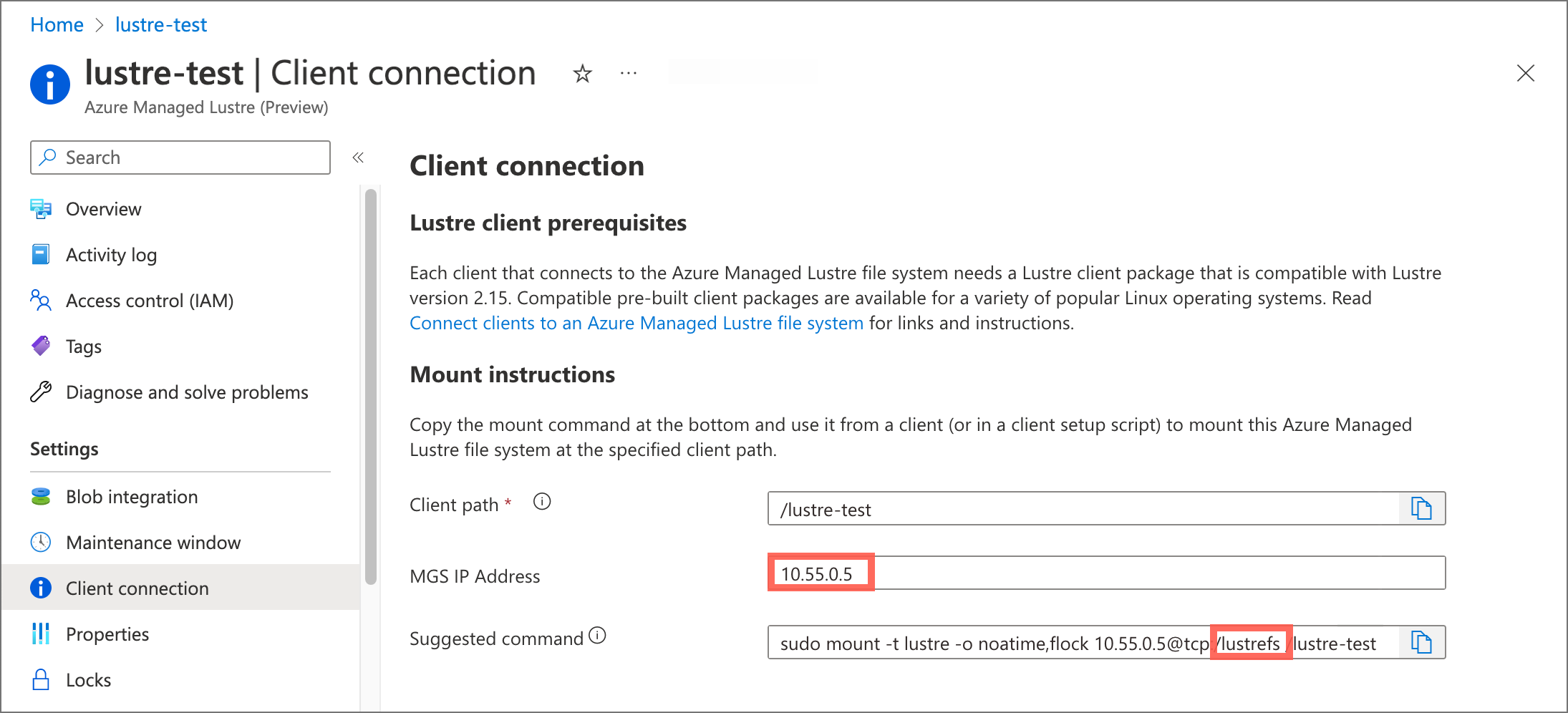 Snímek obrazovky se stránkou Připojení klienta Azure Portal Ip adresa MGS a název lustrefs v příkazu mount jsou zvýrazněné.