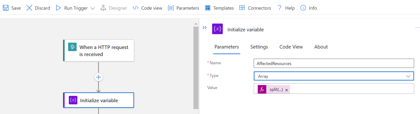 Snímek obrazovky znázorňující kartu Parametry pro podokno Inicializovat proměnnou