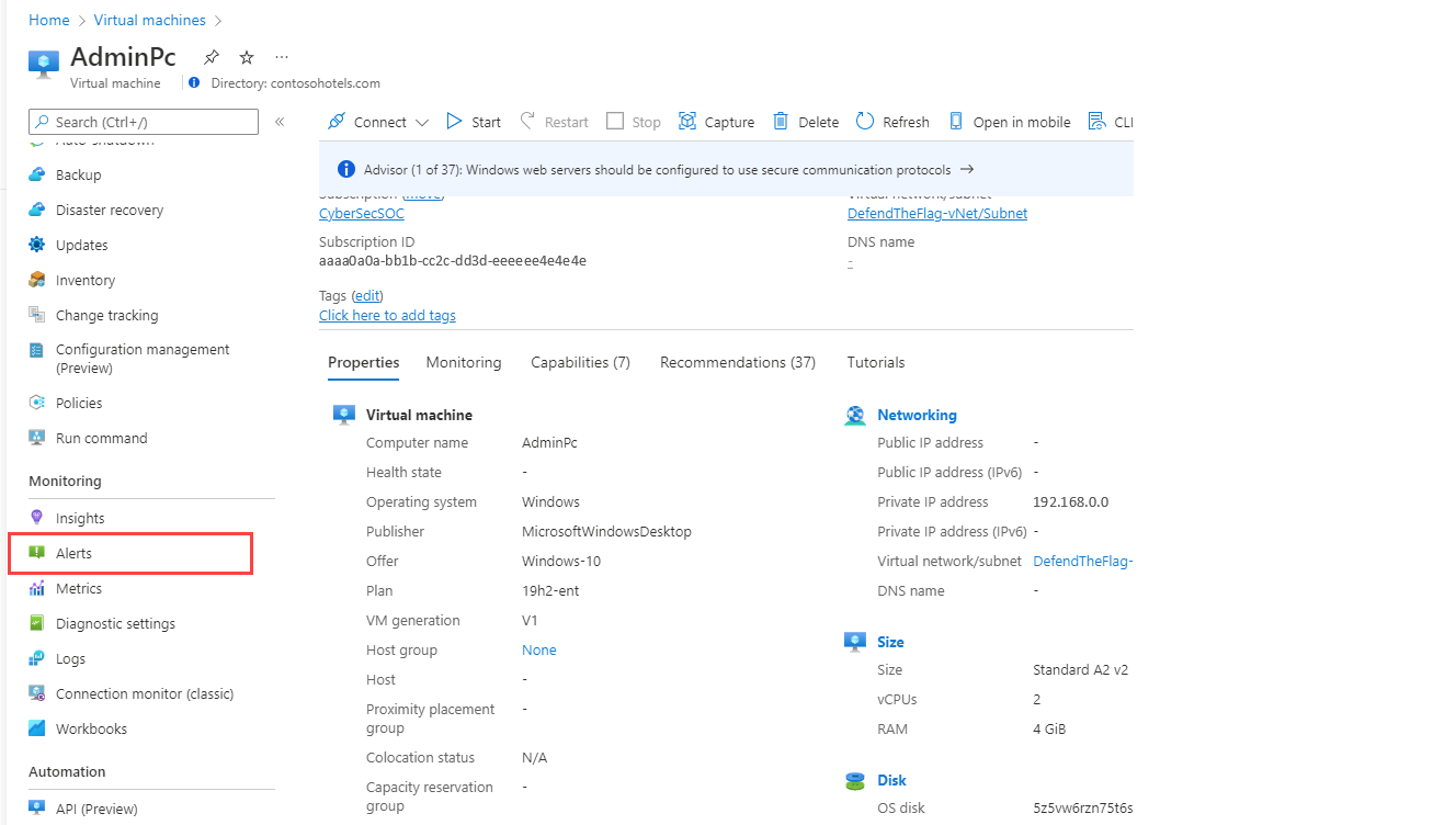 Snímek obrazovky znázorňující výstrahy v nabídce prostředku na webu Azure Portal