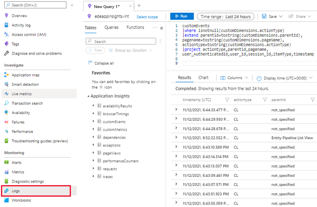 Snímek obrazovky znázorňující část Protokol v části Monitorování v Application Insights Zobrazí se také ukázkový dotaz v oddílu protokolu pro načtení dat aplikace.