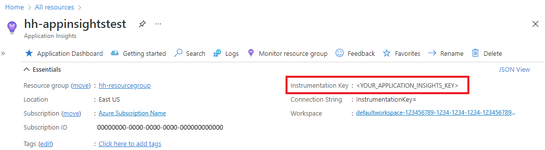 Snímek obrazovky znázorňující vyhledání instrumentačního klíče na webu Azure Portal