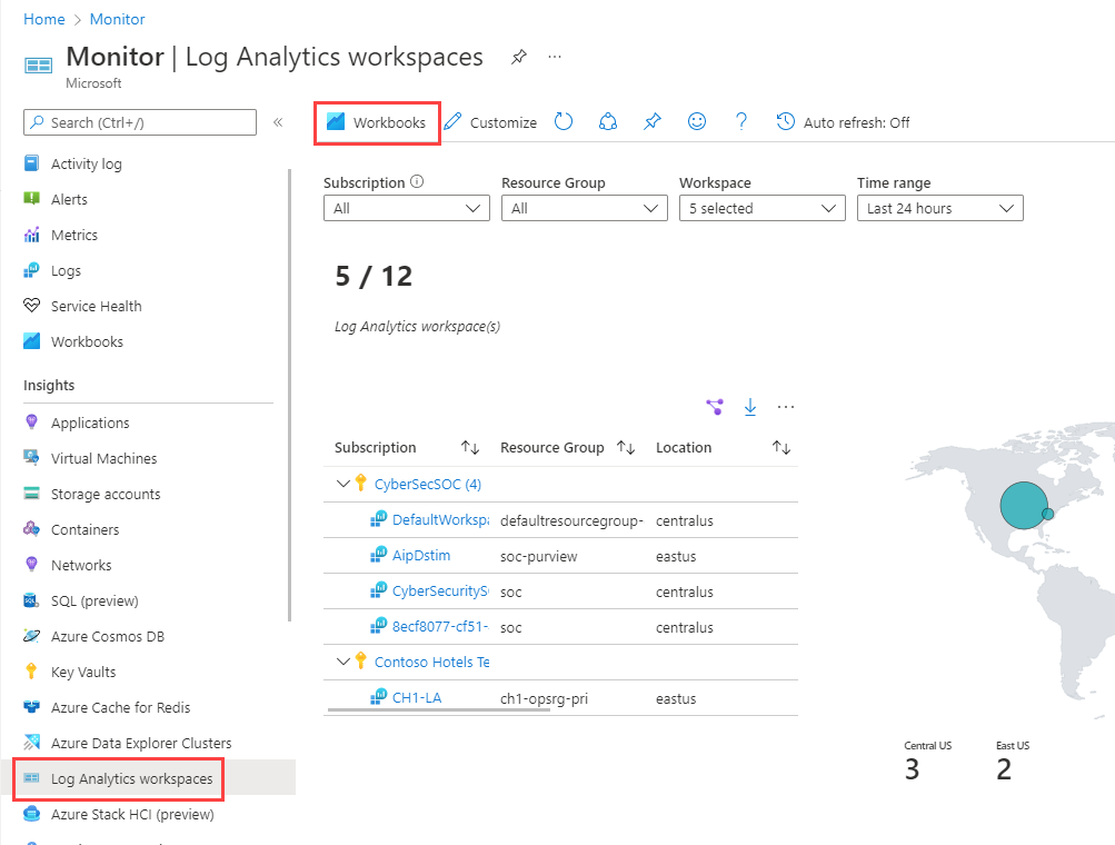 Snímek obrazovky se sešity na stránce Pracovních prostorů služby Log Analytics