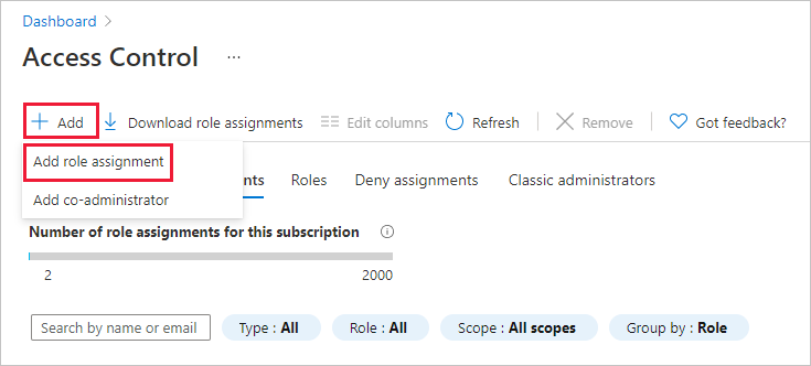 Snímek obrazovky znázorňující, jak přidat přiřazení role pro řídicí panel webu Azure Portal