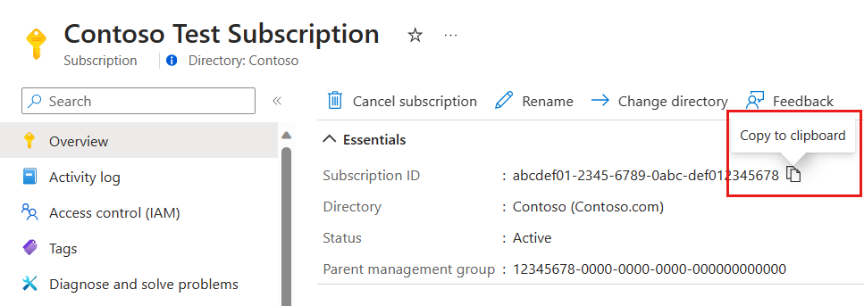 Snímek obrazovky znázorňující možnost kopírování ID předplatného na webu Azure Portal