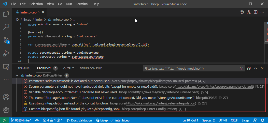 Použití linteru Bicep v editoru Visual Studio Code