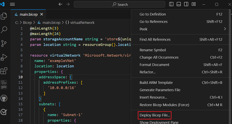 Snímek obrazovky se souborem Deploy Bicep